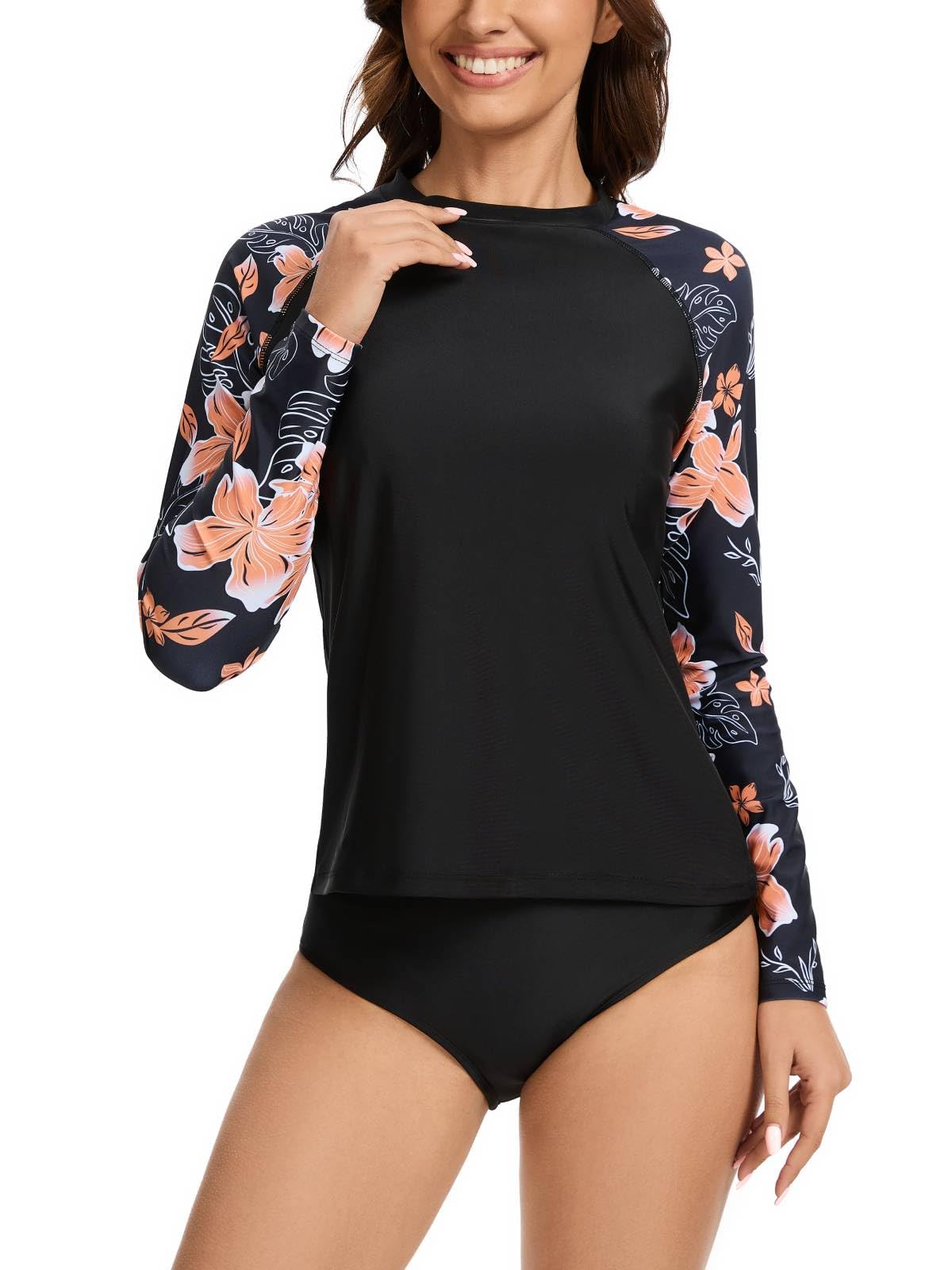 Women's Long Sleeves Rash Guard Swimsuits Swim Shirts UPF 50 Sun Protection Two Piece Swimsuits with Built in Bra