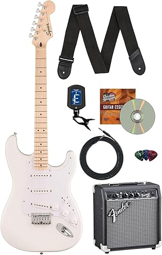 Vista 77 de Fender Squier Sonic Stratocaster HSS - Paquete negro con amplificador, sintonizador, correa, cable, púas y DVD de guitarra Austin Bazaar