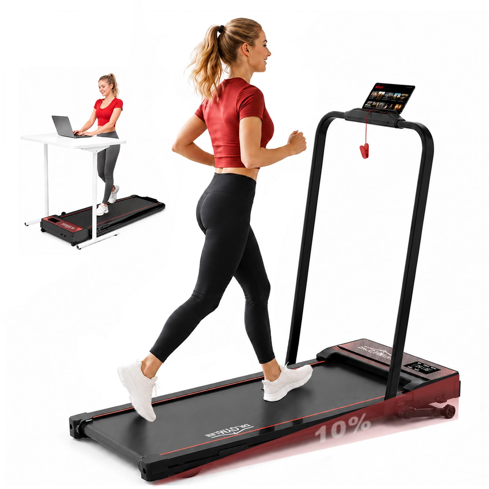 Tapis Roulant 4 in 1, Pieghevole per Casa e Ufficio, da Scrivania 1–12 km/h, Silenzioso e Compatto per Camminata e Jogging, per Principianti con Telecomando e Display LED