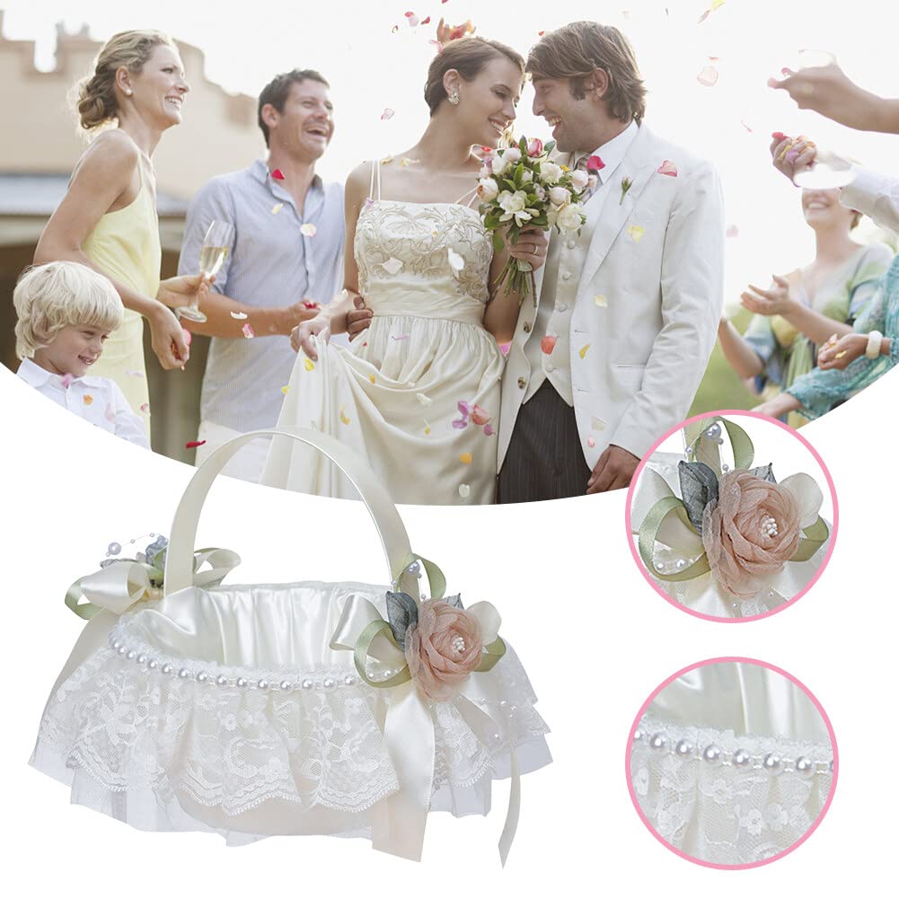 Surakey Flower Girl Baskets for Wedding, White Flower Basket, Large Bridesmaid Bride Lace Edge Fabric Flower Baskets Imitation Pearl Decoration for Wedding Party, Type 3