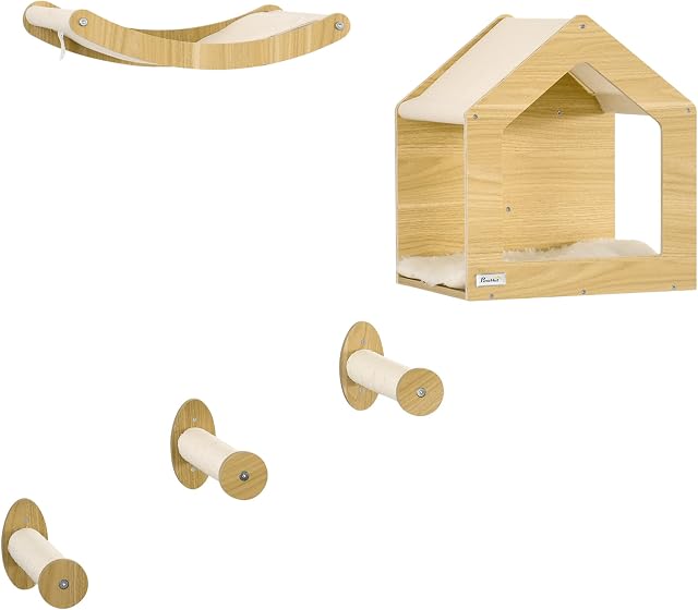 PawHut 5PCs Wall Mounted Cat Tree Cats Shelves, Cat Climbing Shelf Set, Kitten Activity Center with Condo Hammock Scratching Post, Oak