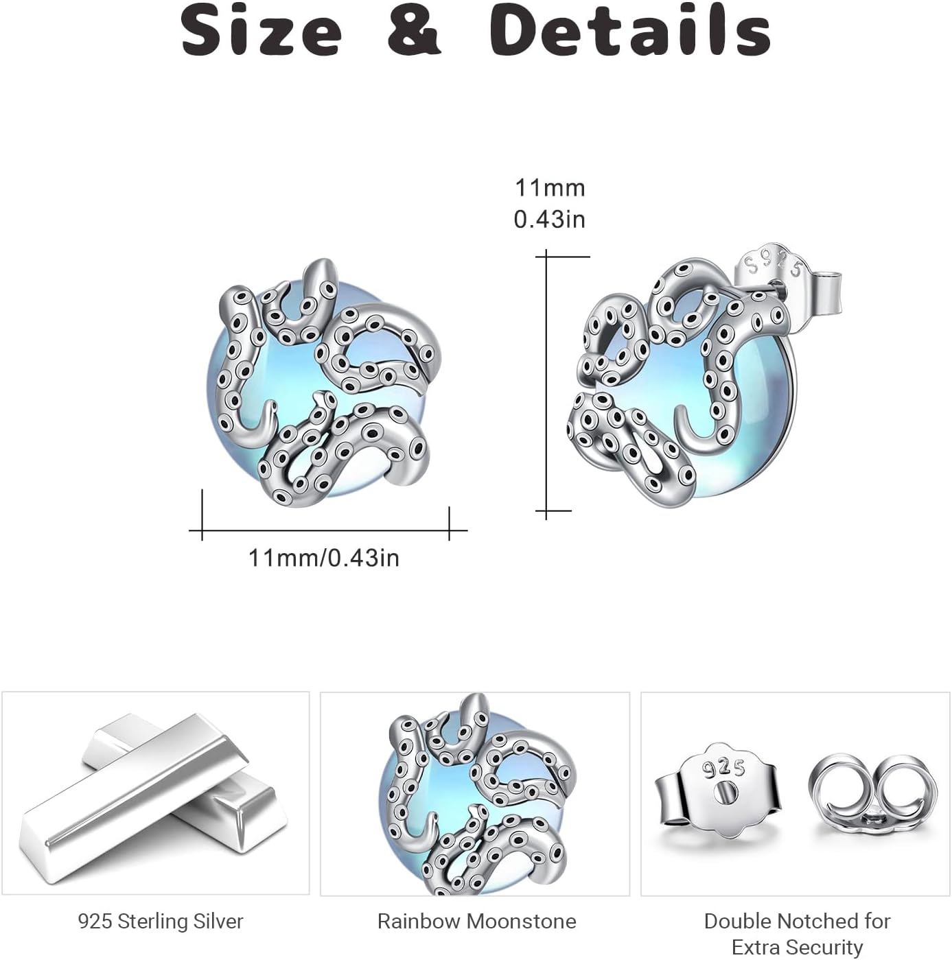 OHAYOO Octopus Earrings 925 Sterling Silver Tentacle Moonstone Stud Earrings Ocean Animal Earrings Jewelry Gift for Women