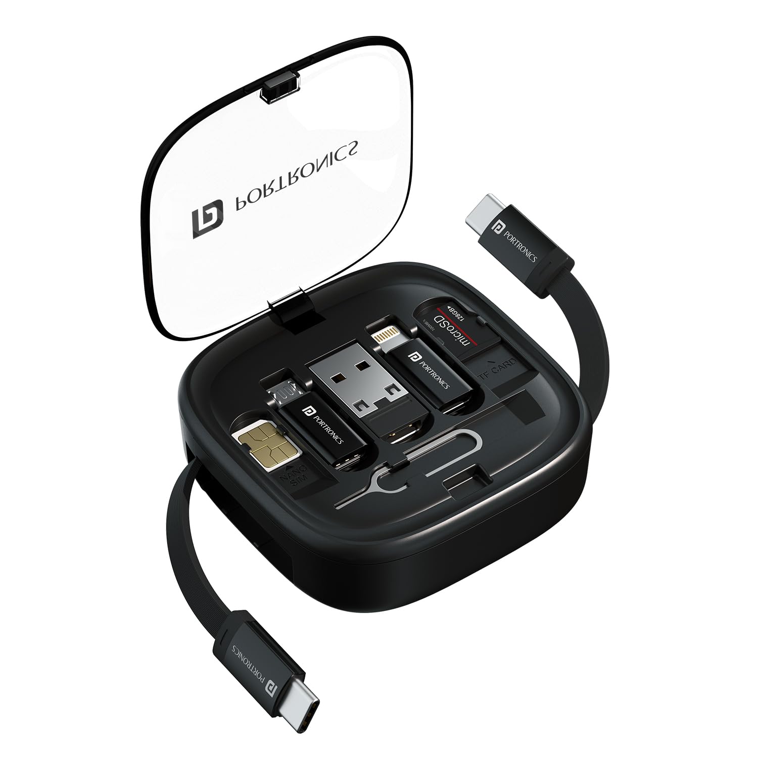 Portronics Snapcase 2 60W Multifunctional Fast Charging Data Cable Kit With Retractable Cable, Conversion Set USB A & Type C to Male Micro/Lightning,Sim Storage,Sim Eject Pin Portronics Snapcase 2 60W Multifunctional Fast Charging Data Cable Kit With Retractable Cable, Conversion Set USB A & Type C to Male Micro/Lightning,Sim Storage,Sim Eject Pin