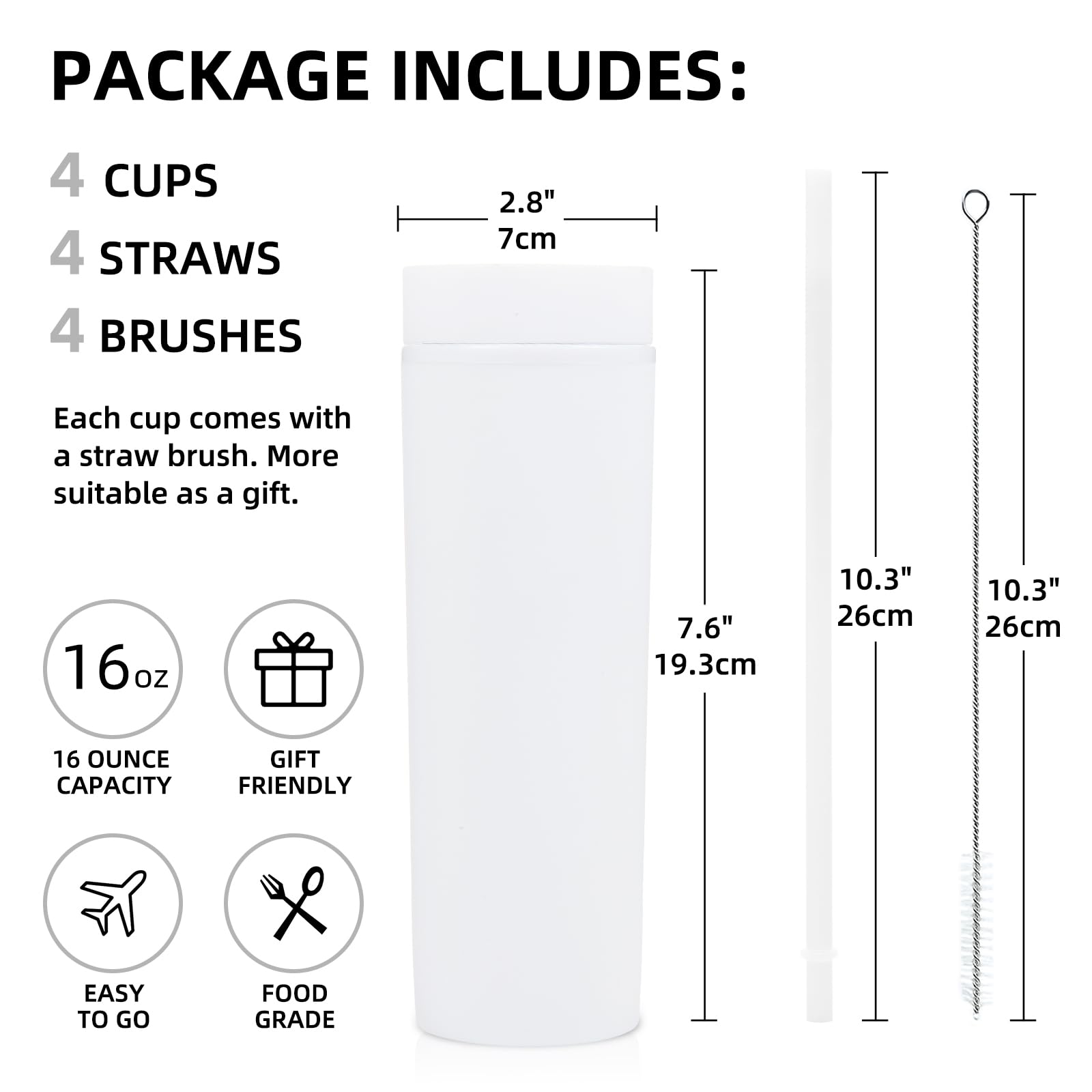 Volhoply 16oz Tumbler with Lid and Straw 8 Pack,Double Wall Plastic Skinny Tumblers Bulk,480ML Reusable Cute Coffee Mug,BPA Free Matte Acrylic Water Cups with Straw for Parties,DIY Gifts(White,8 Set - Image 2