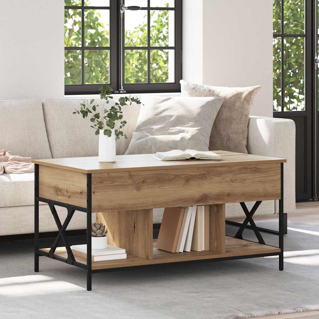 Table basse chêne artisanal 100cm avec étagère et pieds en métal pour salon