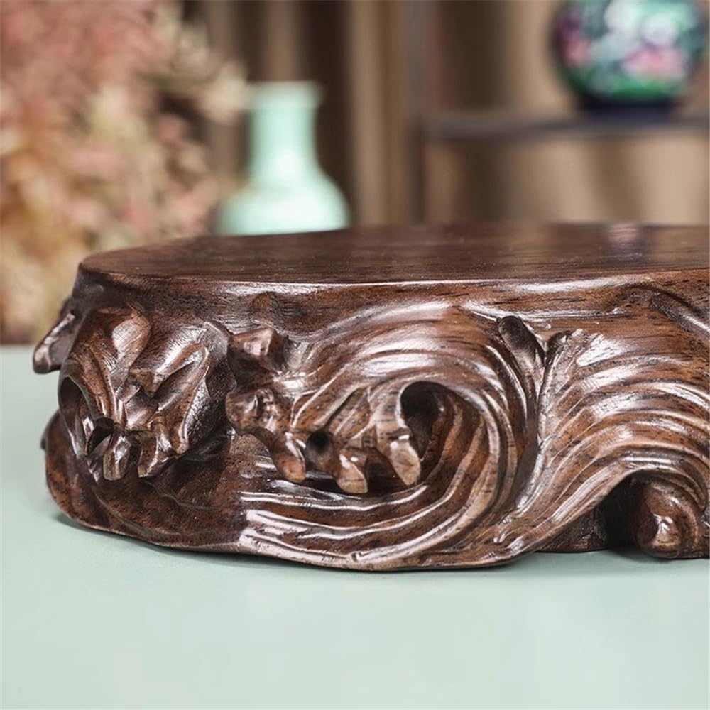 Support à bonsaï Base de bonsaï ronde avec sculpture en relief, vase, théière, présentoir en ébène(Moyen)