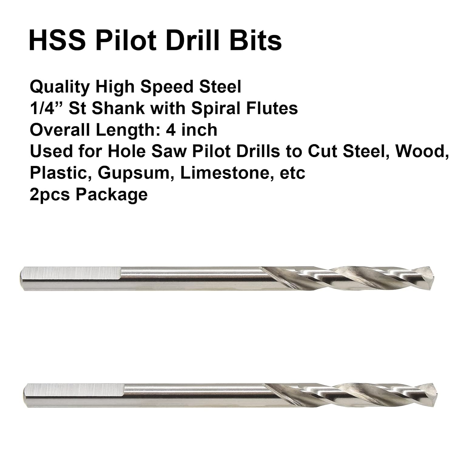 MaxTool 2PCs Diameter 1/4" Overall Length 3-3/4" HSS Pilot Drill Bits with Flat on Shank for Cutting Metal, Wood, Plastic; BA02W16R14P2