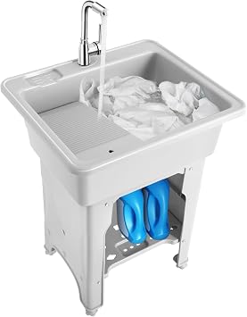 Freestanding Plastic Laundry Sink with Cold & Hot Water Faucet, Faucet Washboard, Indoor and Outdoor Utility Sink Hoses and Drain Kit for Laundry Room, Garage, Garden, Basement Gray