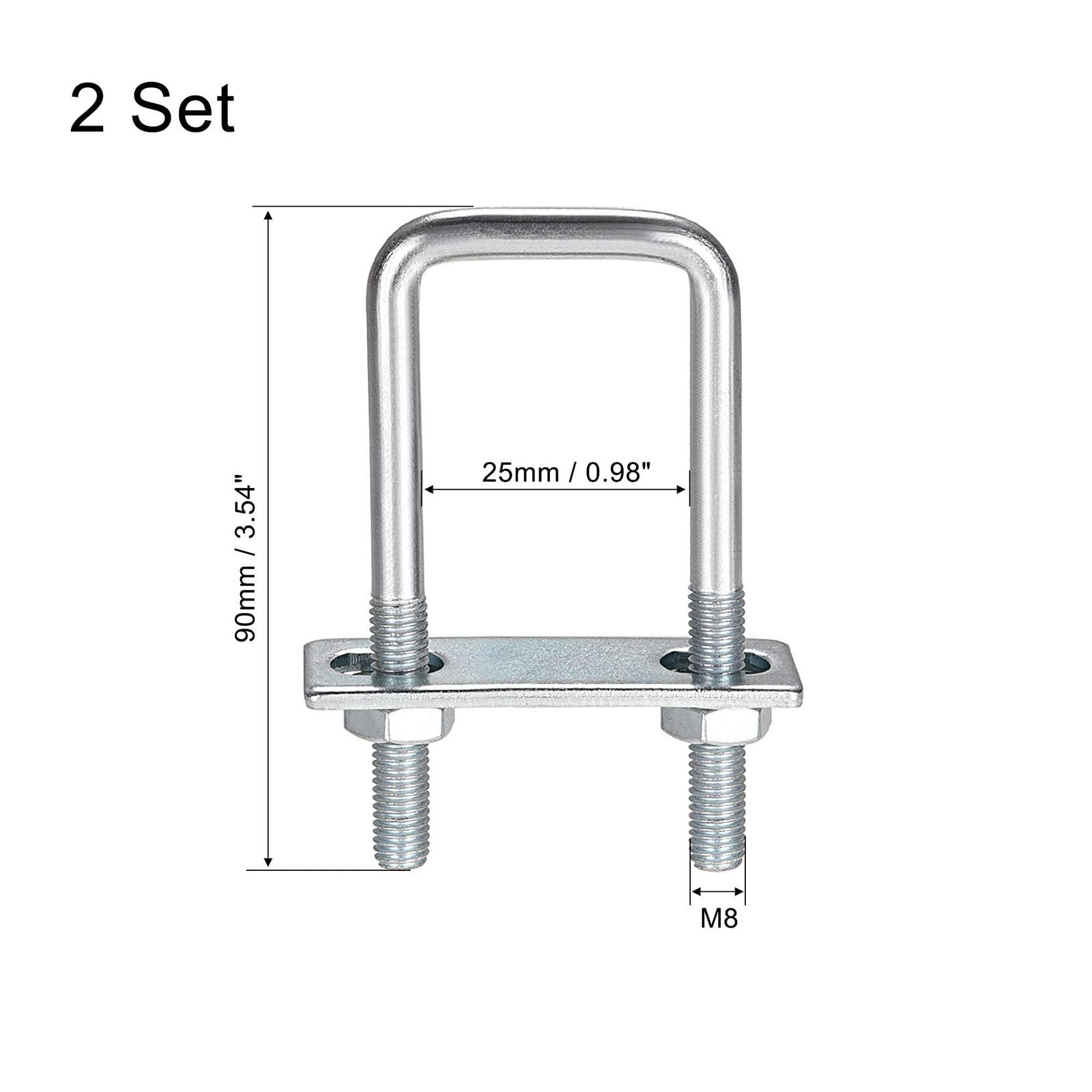 TA-VIGOR 2 sets M8 Square U-Bolts, 25mm Inner Width 90mm Length Steel U-Bolts with Nut, Plate - Image 2