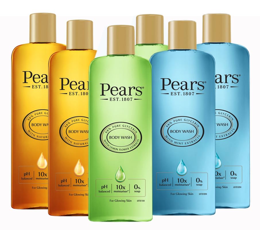 Pear Pure and Gentle Body Wash with Natural Oils 250 ml (2 Pack) & With Mint Extracts 250ml (2 Pack) & Lemon Flower Extracts 250ml (2 pack) Pears Body Wash Bundle (Total 6 Pack)