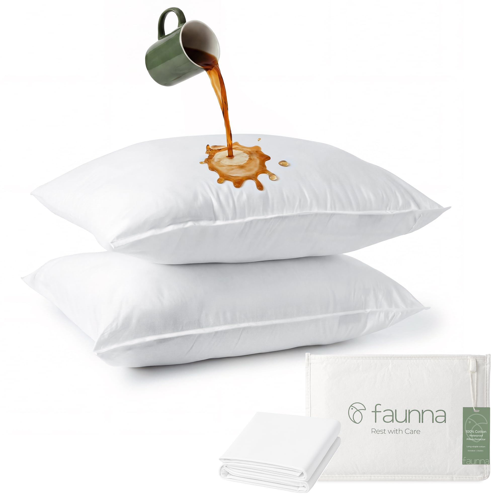 FAUNNA 100% Cotton Waterproof Pillow Protectors, Queen