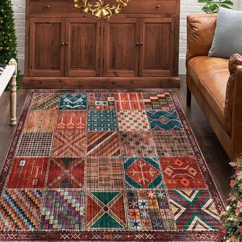 REDTAPISE Grand Tapis Multicolore Carré 180 x 180 cm, Rouge Vert Décoratives pour Salon Canapé Chambre Maison Bureau à Domicile Table à Manger Vintage Carpet...