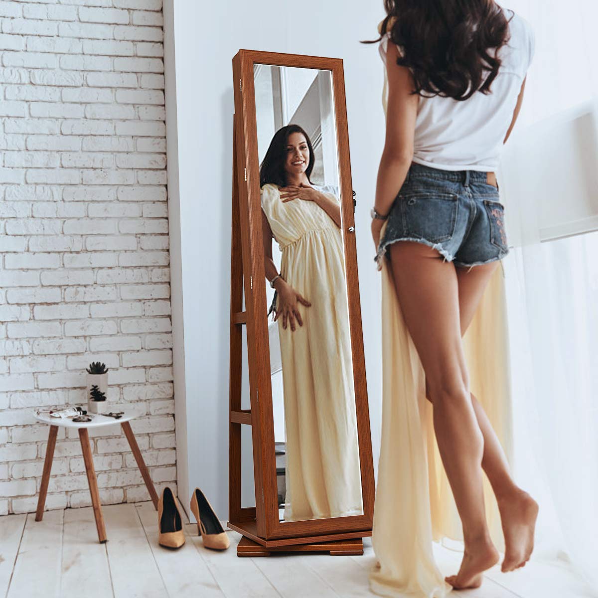 COSTWAY Armoire à Bijoux Pivotante à 360 Degrés, Organisateur de Bijoux sur Pieds, avec Grand Miroir Psyché et Etagère de Rangement à L’Arrière (Café)