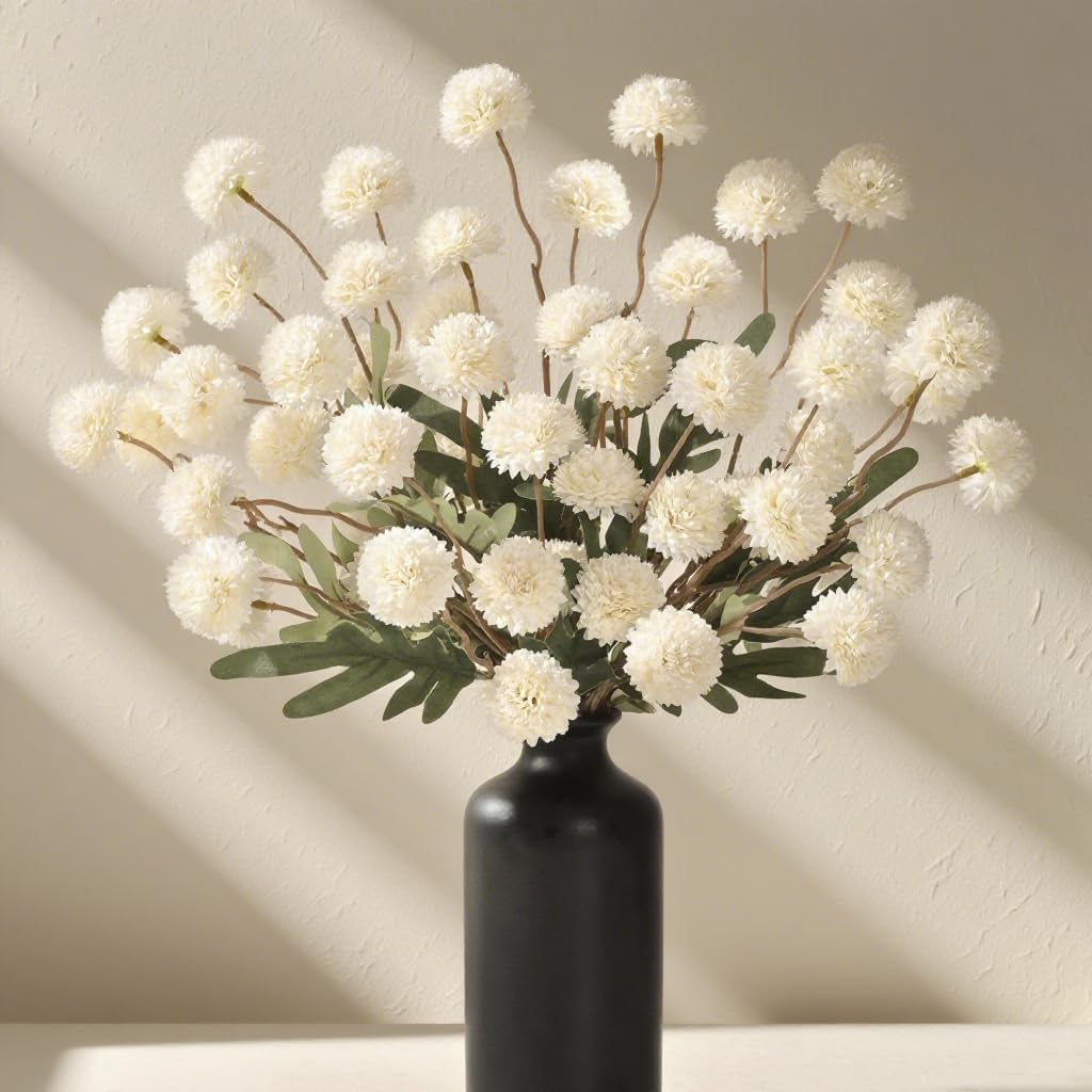 Yastouay 6pcs Fake Flowers Faux Silk Pompon Mums, Bulk Fake Mini Chrysanthemums with Stems, Artificial Kiku Flowers for Vase DIY Centerpieces Bouquet Floral Arrangements Decorations, White