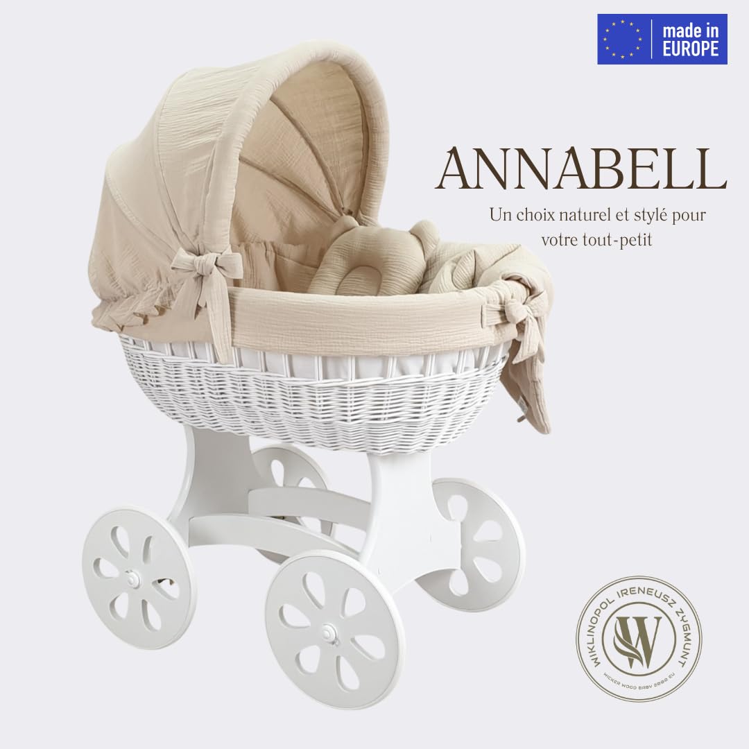 Wiklinopol Couffin Bébé avec Support en Bois et roulettes Annabell – Berceau en Osier avec Matelas et Linge 5 Pièces Mousseline Beige – Poussette de lit Blanc pour Nouveau-né