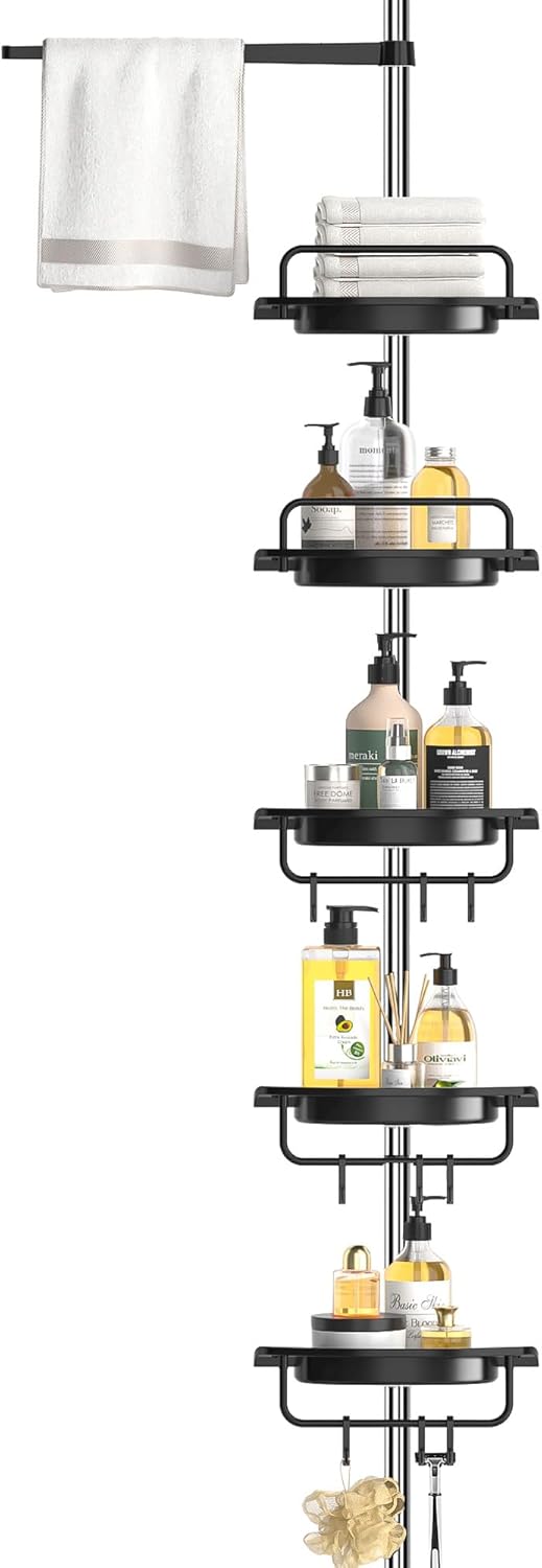 DYN Ptah 5 Tiers Corner Shower Caddy Tension Pole, Black Rustproof Shower Rack, Tall Tension Rod Shower Stand with 5 Shelves, 56 to 116 Inch Adjustable Free Standing Shower Organizer for Bathroom