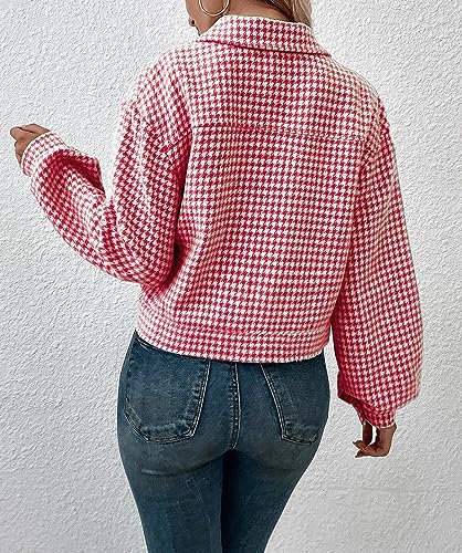 chouyatou Women's Vintage Houndstooth Plaid Button Down Tweed Cropped Shacket Jacket Wool Coat3