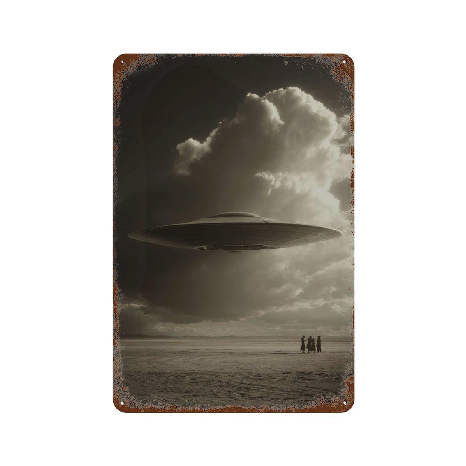 xiaoxiaoshen Black And White UFO Alien Encounter Retro Sci Wall Decor Art Metal Tin Poster Modern Home Decor Art Home Bar Shop Decorations Vintage Sign 30x20cm