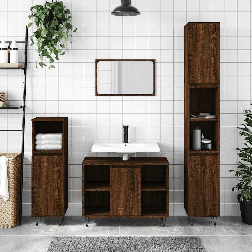 Armoire Salle de Bain chêne Marron Bois d'ingénierie 80x33x60cm avec Porte réversible Rangement Meuble lavabo Vasque Colonne tiroir pour Organiser Accessoires sanitaires