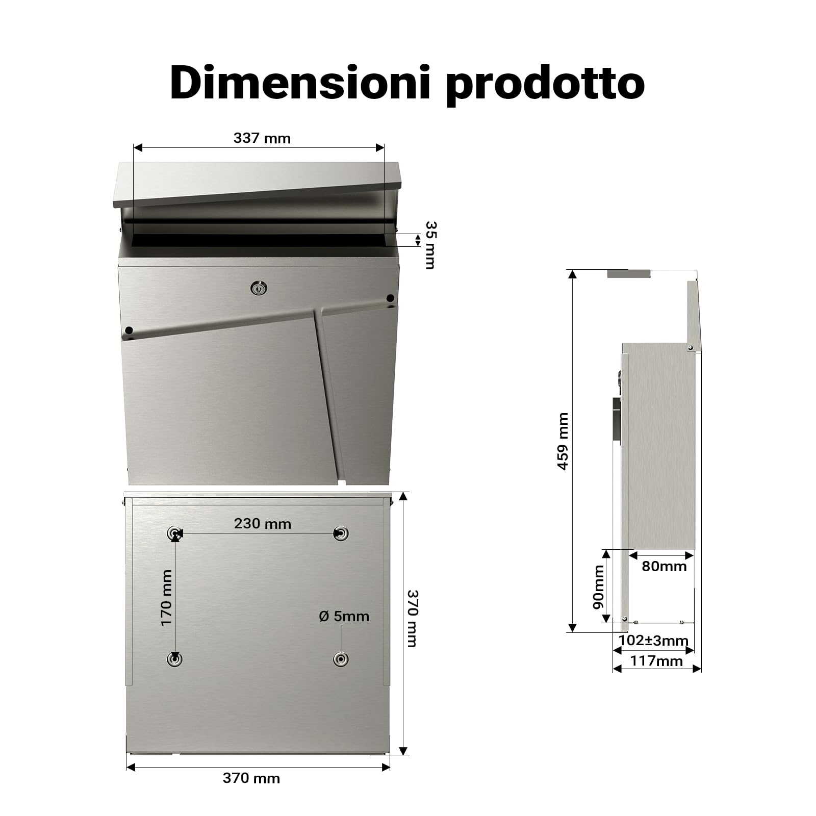 Wiltec Cassetta postale con vano portagiornale V23 acciaio inox 370 x 102 x 370 mm