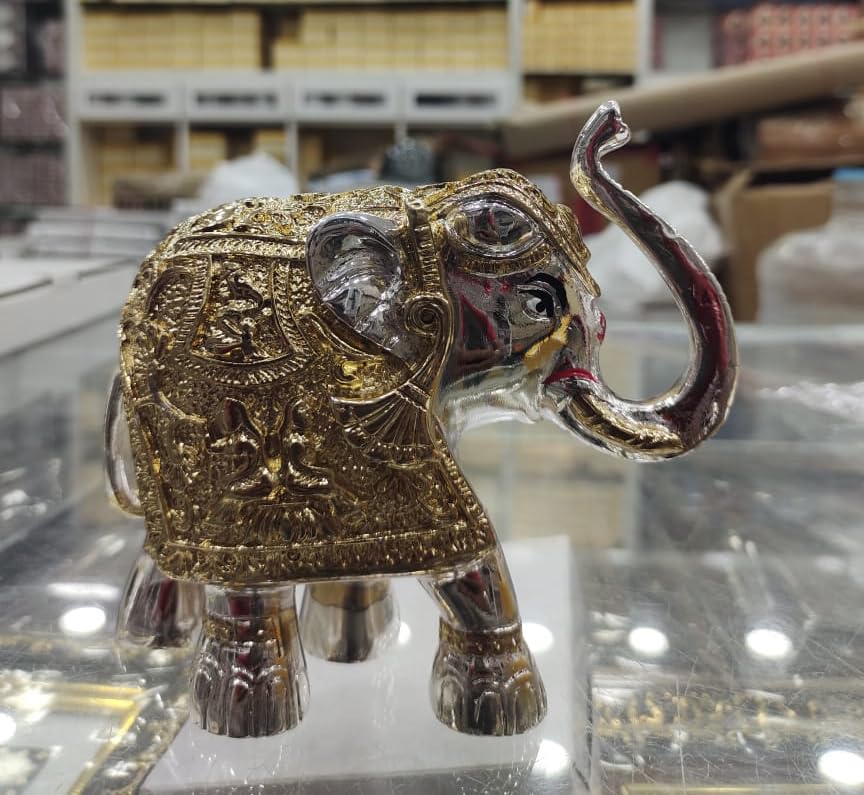 Image of Paksh Silver Gifts Silver Coated Wax Elephant Idol with Trunk Up | Silver Elephant Statue for Home Decor | Solid Elephant Idol Symbol of Lord (Gold, 6 Inch)