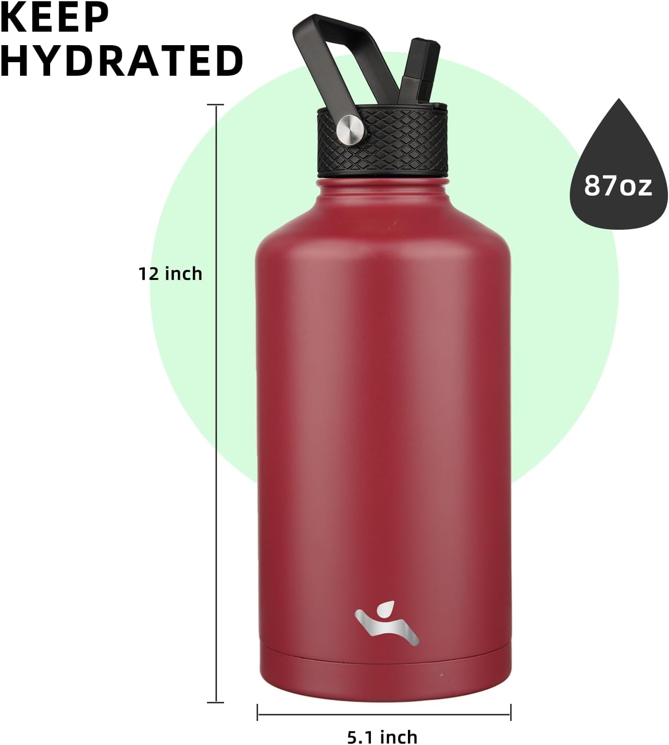 Konokyo Insulated Water Bottle with Straw,87 oz 3 Lids Water Jug with Carrying Bag,Paracord Handle,Double Wall Vacuum Stainless Steel Metal Flask,Dark Red