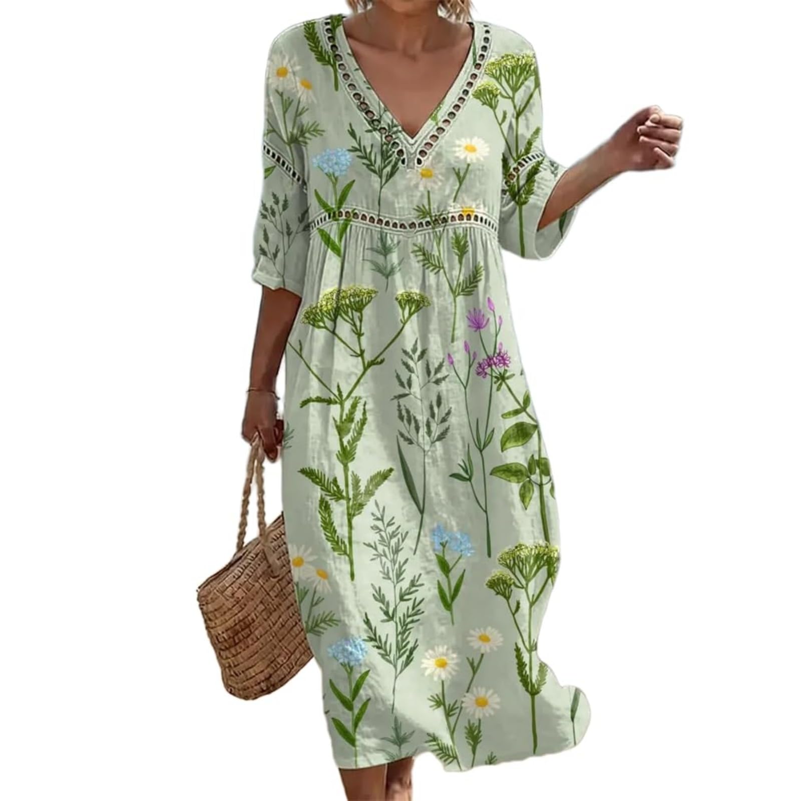 Leinenkleid Damen Sommer V Ausschnitt Maxikleid Blumen Tunika Kleid A Linie Boho Sommerkleid Baumwolle Leinen Kleider mit Ärmeln Damenkleider Elegant Weites Strandkleid Leicht Luftig