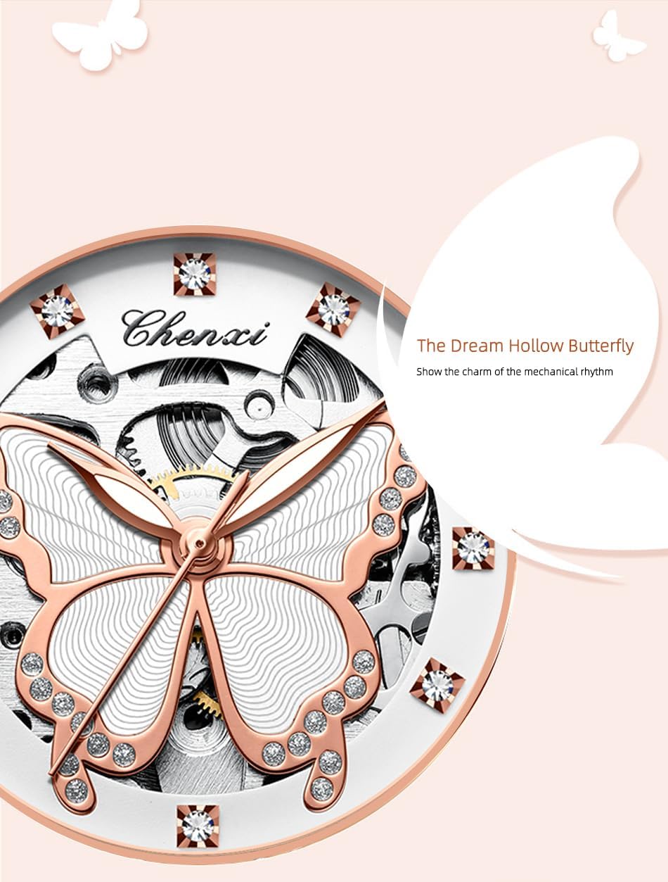 Verhux Women's Automatic Skeleton Watch Two-Tone Rose Gold & Silver Stainless Steel Waterproof Luminous Self-Winding Dress Wrist Watch for Ladies