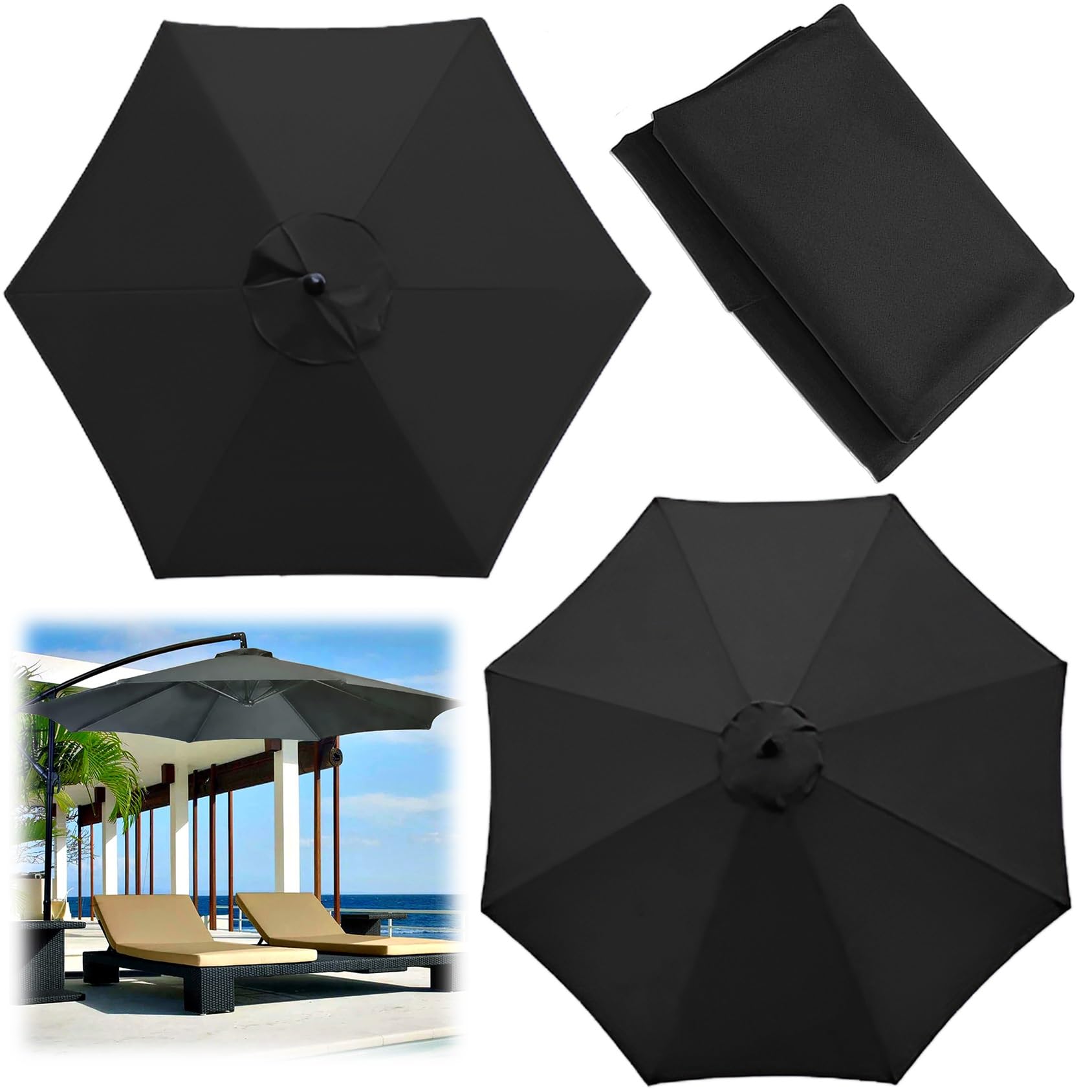Replacement Parasol Canopy, 2/00270/300 CM Market Table Umbrella Cloth Replacement Fit 6/8 Arms Patio Umbrella Outdoor Deck Parasol Cover Lawn Pool(Color:Black,Size:6 ribs-2.7m(8.8ft))