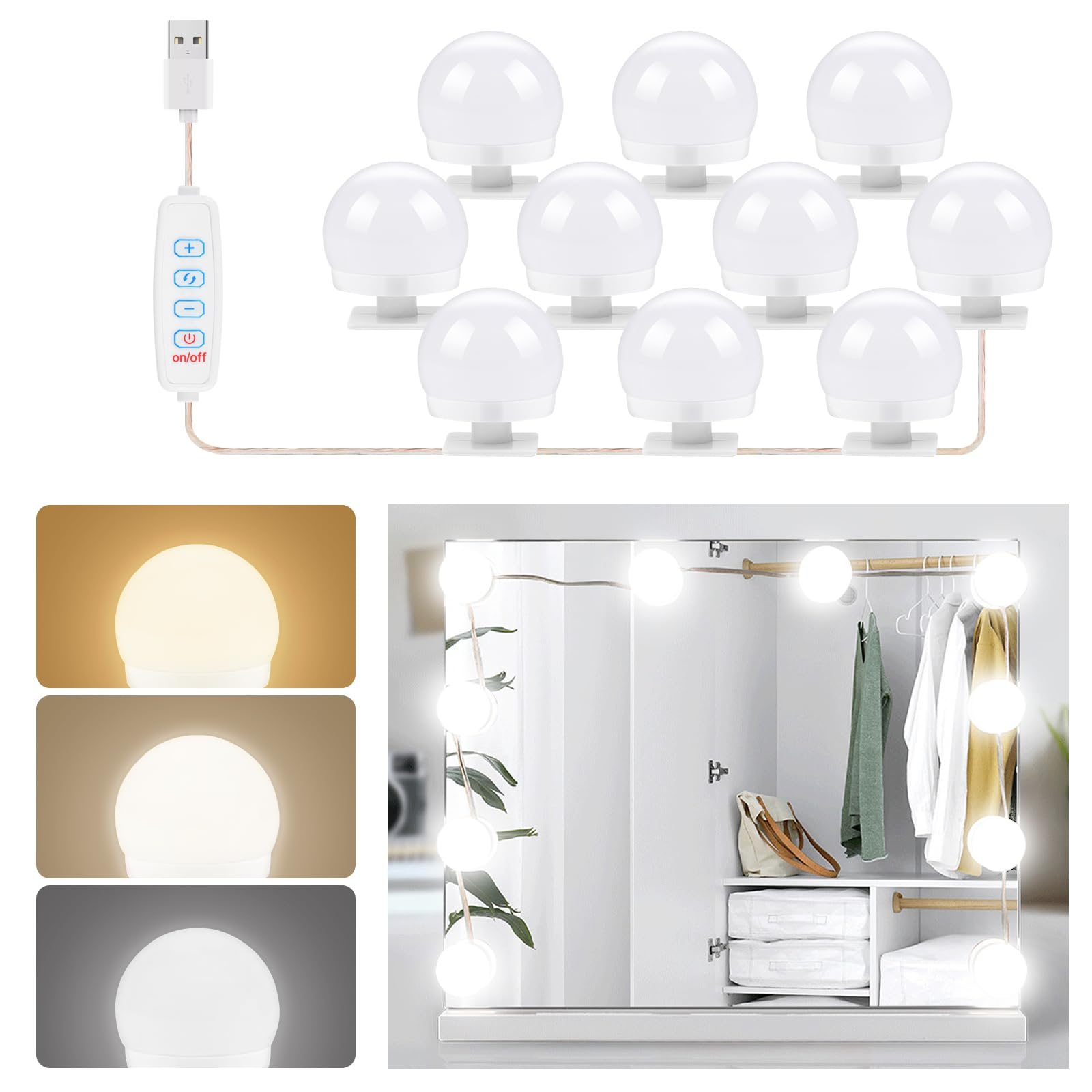 OSDUE Luces de Espejo Maquillaje, 10 Bombillas Regulables Luces Hollywood, Luz de Tocador Ajustable de 3 Color y 9 Brillo, USB Lámpara de Tocador para Tocador,Baño, Regalo de Cumpleaños para Mujeres