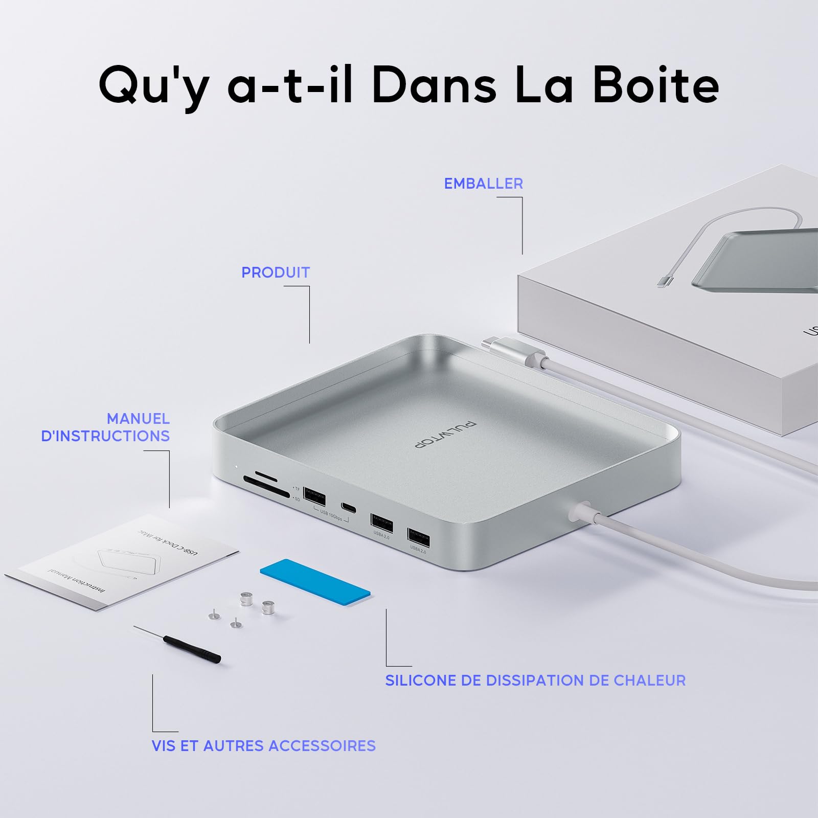 iMac USB Hub pour iMac 24 M1/M3/M4 avec boîtier SSD NVMe M.2 4TB | PULWTOP USB C HUB avec USB A/C10 Gbit/s, SD/TF, SSD M.2, USB 2.0, iMac Accessoires pour iMac 2021/2023/2024-Argent