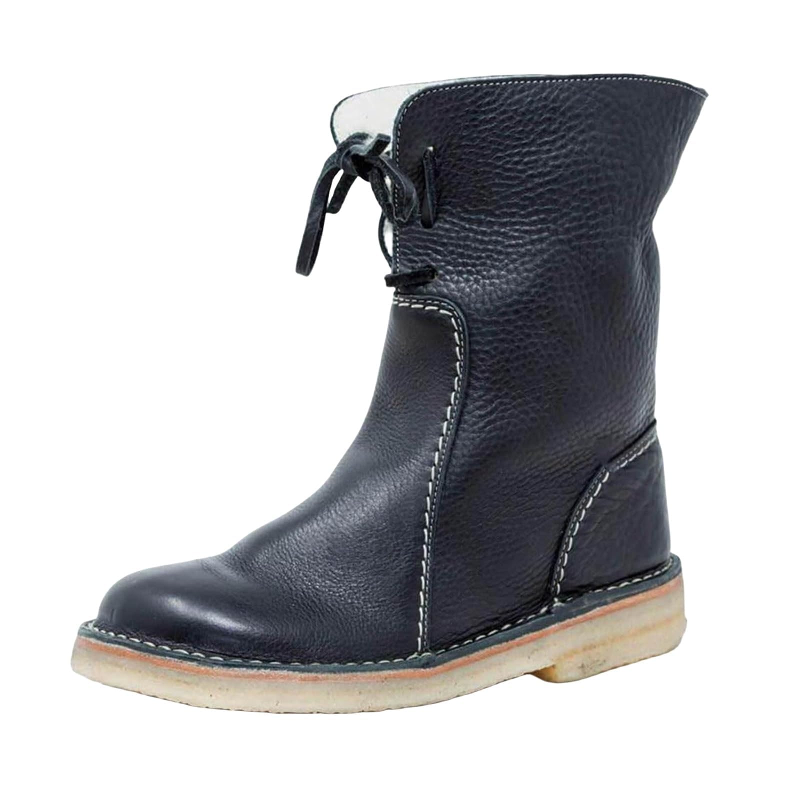 Womens Mid Calf Leather Boots Round Toe Flat Heel Comfortable Tie Lace Up Warm Winter Casual Booties