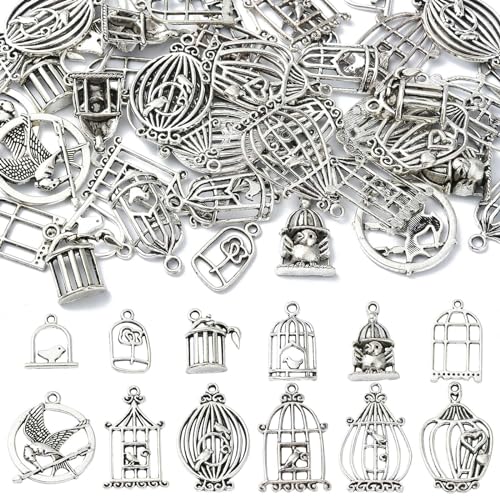 UR URLIFEHALL 60 Pcs 12 Styles Tibetan Style Bird Cage Charms Antique Silver Spring Bird House Charms for DIY Lucky Jewellery Crafts