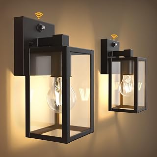 PARTPHONER Dusk to Dawn Outdoor Wall Lights, 2-Pack Black Sensor Porch Lanterns, Waterproof Rust-Proof Exterior Sconces for Garage Doorway
