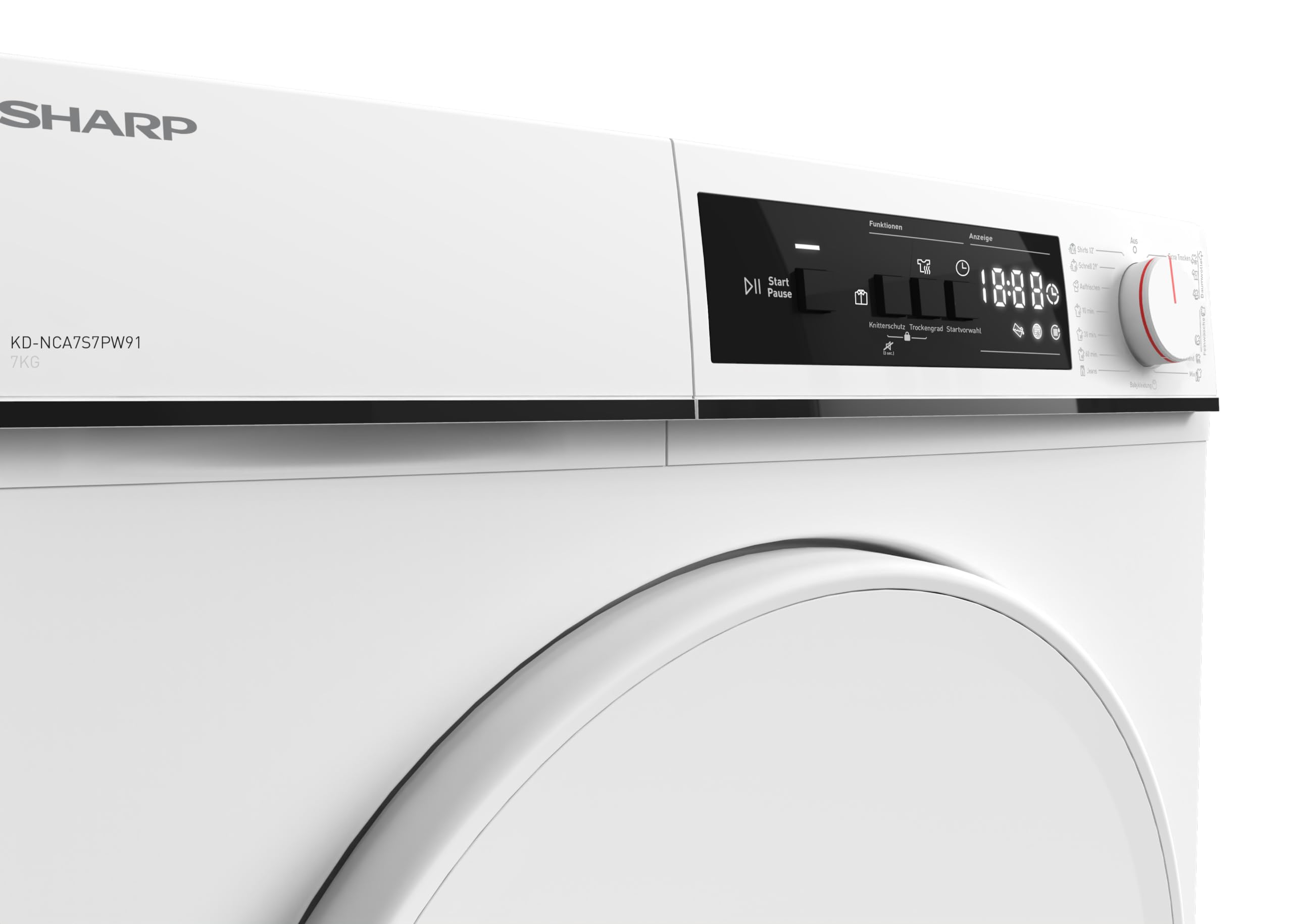 Sharp KD-NCA7S7PW91-DE Wäschetrockner, G, 7 kg, 15 Programme inkl. 12 Min. Kurzprogramm, Schontrommel mit LED-Beleuchtung, Weiß