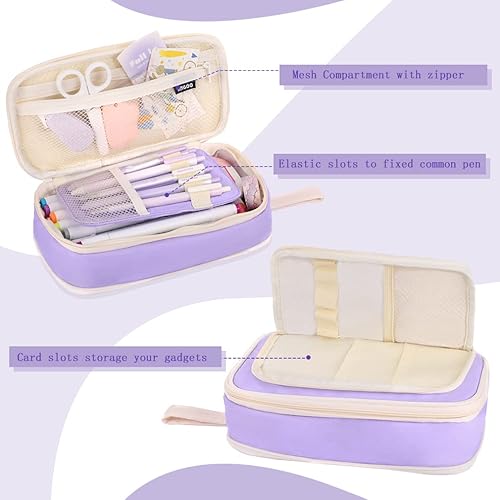 Miniatura 10 de iSuperb Estuche para lápices de gran capacidad, bolsa portátil para bolígrafos con 2 compartimentos, organizador de bolígrafos azul claro para la