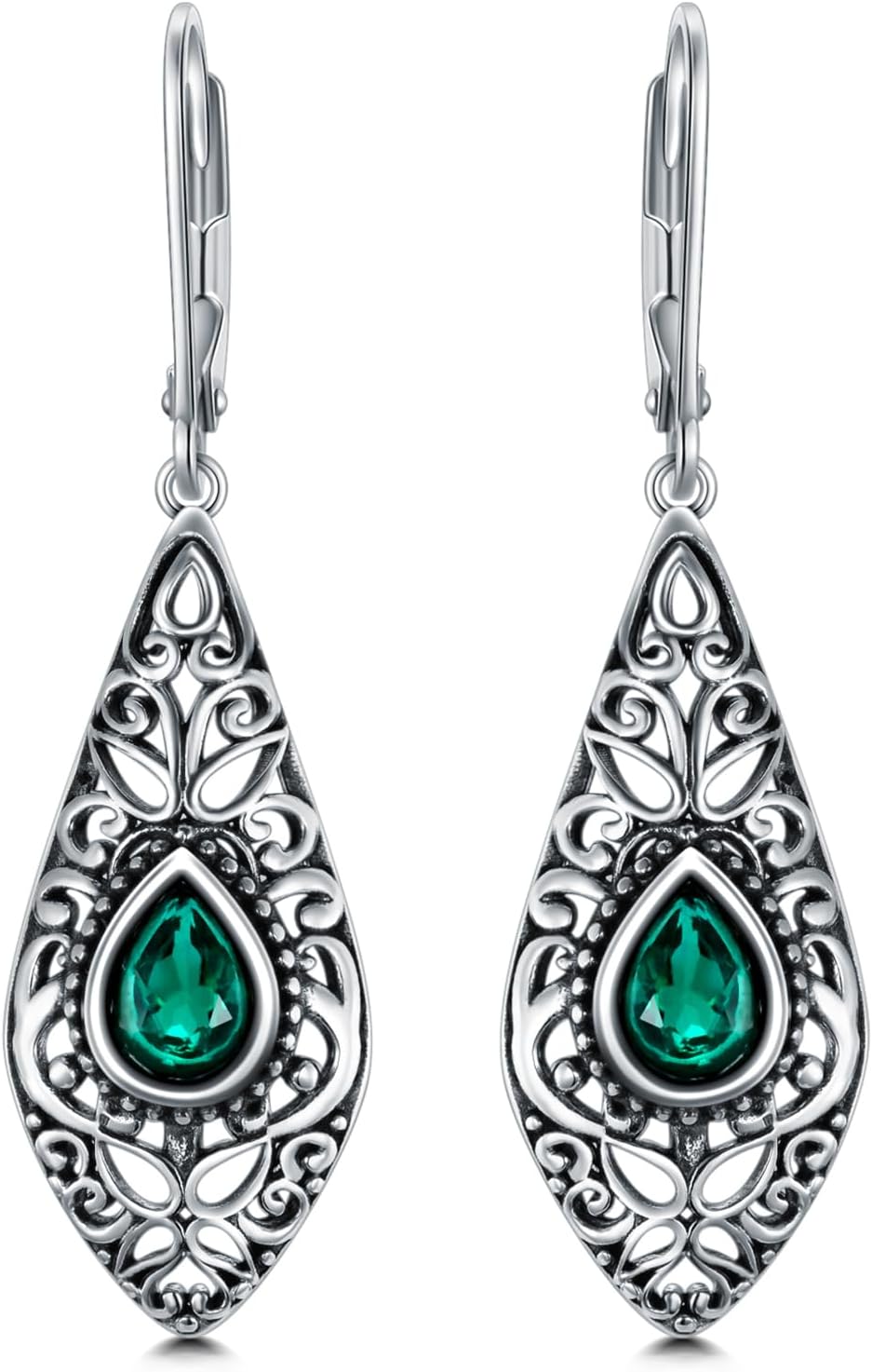 Vintage Emerald Earrings 925 Sterling Silver Lab Created Emerald Drop Earrings for Women