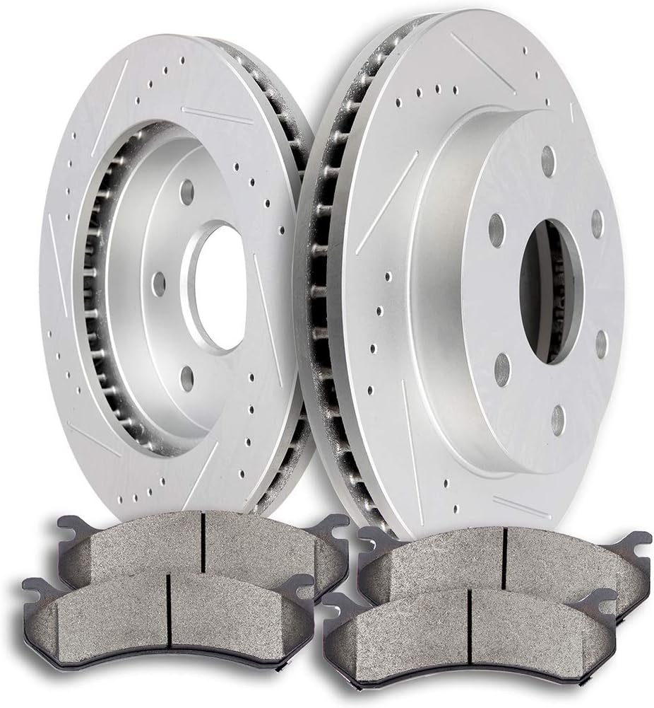 SCITOO Brake Kits - (2) Front Drilled and Slotted Brake Rotors (4) Ceramic Pads for Cadillac Escalade ESV EXT,for Chevy Astro Avalanche Silverado Suburban,1500 Tahoe,for GMC Safari Sierra,1500