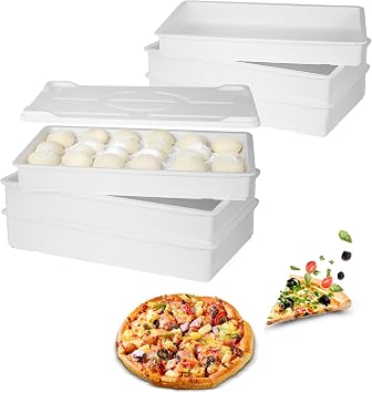 6 Packs Pizza Dough Proofing Box Stackable 60 x 40x 9.5cm Pizza Dough Box with Lid, Plastic Proofing Tray, Dishwasher Safe 6 Boxes + 1 Lid