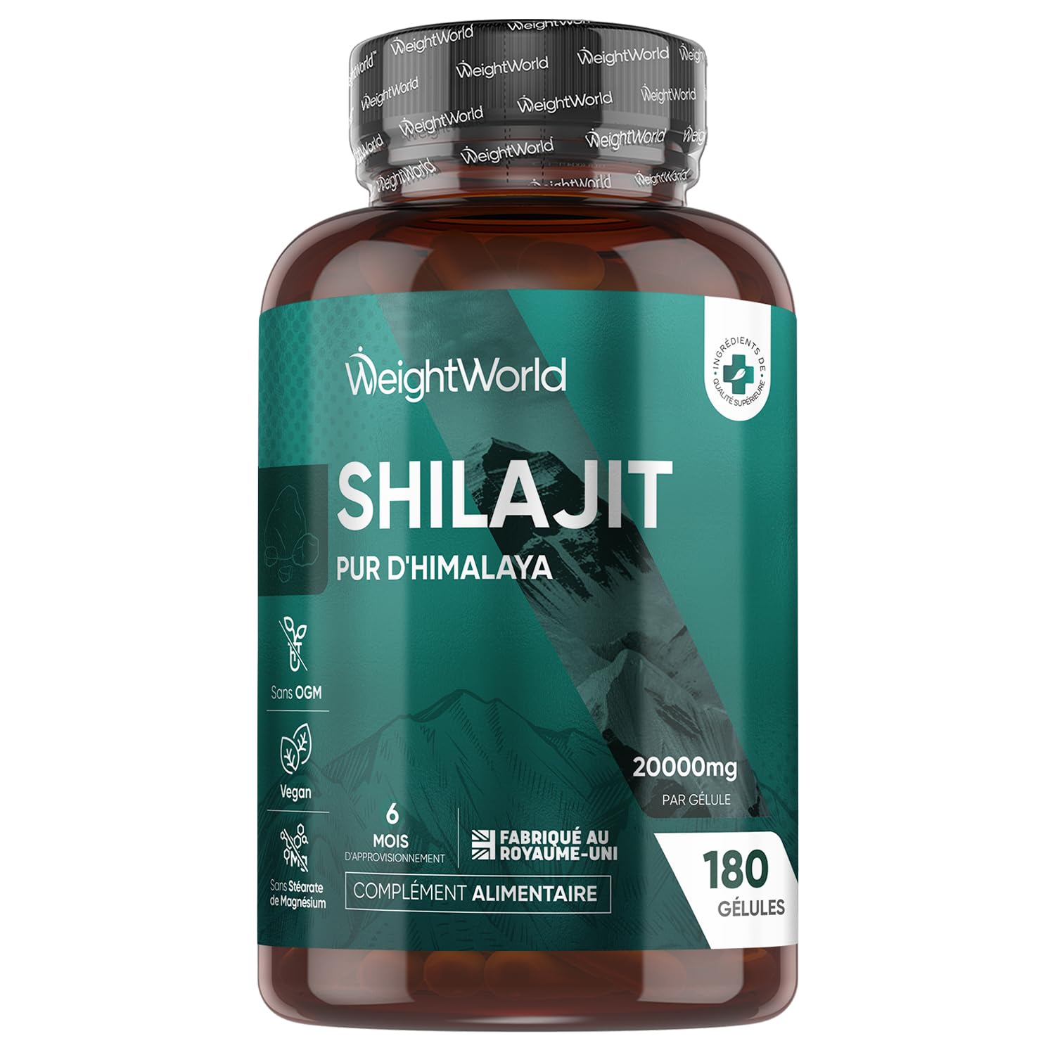 Shilajit Pure Gelules Vegan 180 Gélules 20000mg, Shilajit Pure Himalaya Acide Fulvique Acide Humique & Minéraux, 6 Mois de Stock, Alternative Résine d’Himalaya sans OGM ni Stéarate de Magnésium