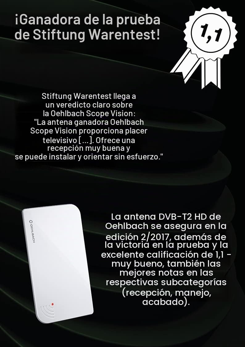 Oehlbach Antena HD DVB-T2 de Scope Vision, antena digital para interiores, alimentación USB, amplificador DVB-T2 activo, antena interior, ganadora de la prueba, blanca