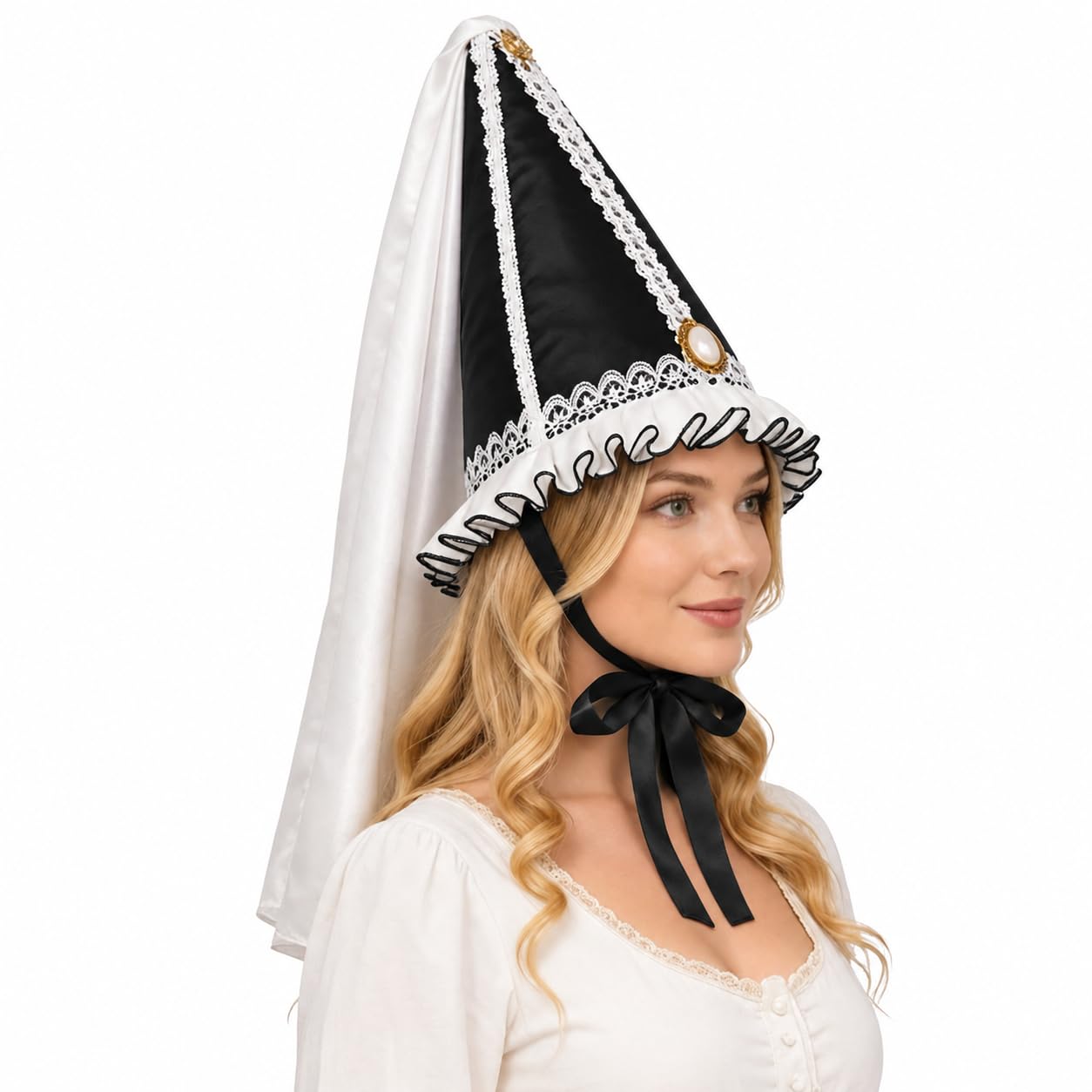 Women Medieval Hennin Cone Hat with Veil, Renaissance Princess Headdress Tall Cone Cap with Pearl and Gold Trim for Costume, Faire and Theatrical Dress (Black, One Size)