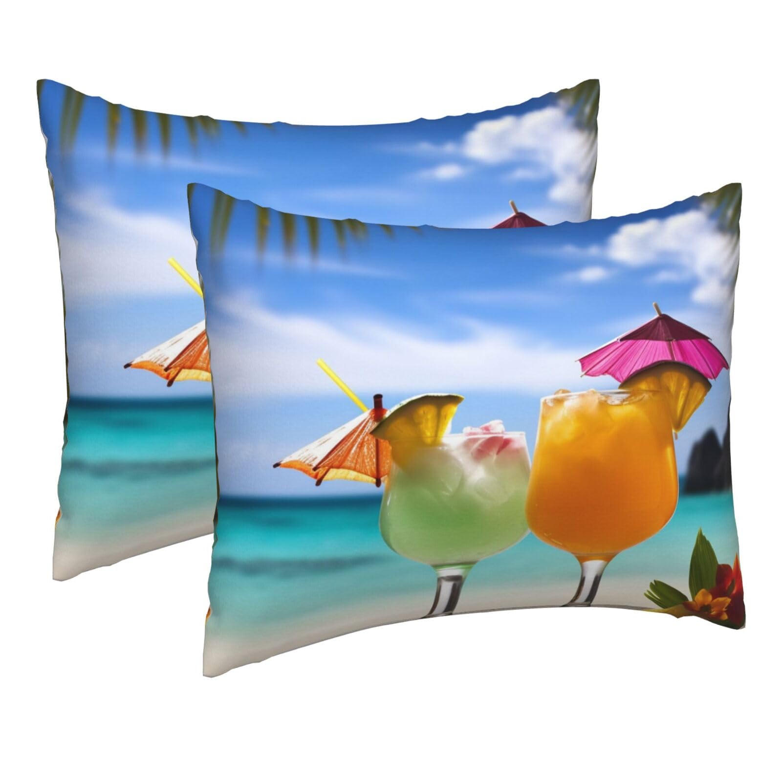 2 Pack Pillow Cases with Hidden Zipper, Soft Breathable Pillow Covers for Hair and Skin, Tropical Beach Drink Pillowcases 16"x20" Bed Pillow Protectors Cover for Sleeping Gifts