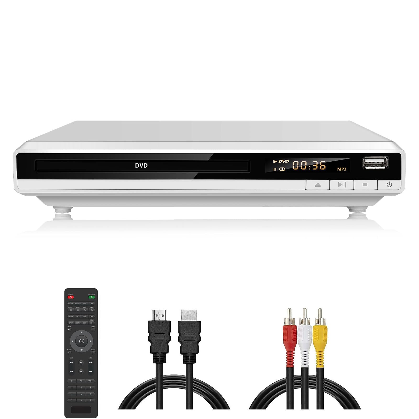 DVD Player for TV, Region-Free DVD CD Player for Home with HDMI RCA Output USB Input, Plays All Regions and Multi-Format, 1080P HD Compact DVD Player for Family Movies, Built-in PAL NTSC (White)