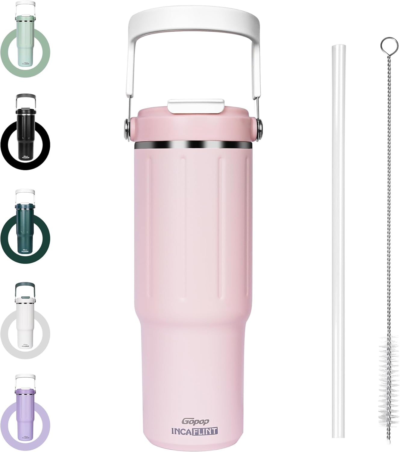 Insulated Tumbler, Stainless 30oz Tumblers with Handle, Leakproof Insulated Tumbler with Cup Brush and Straw and Straw Brush， Water Bottle for Office, Home, Outdoor