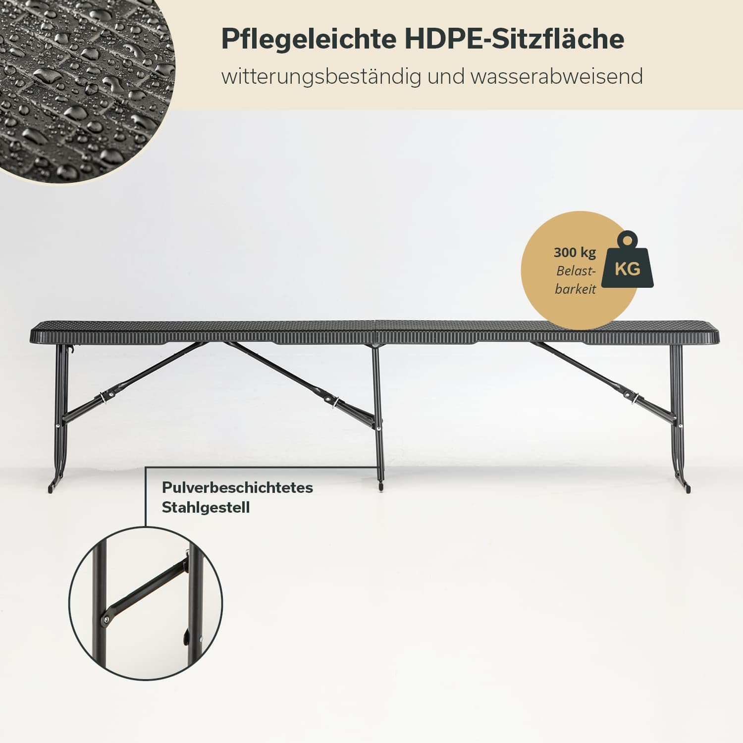 skandika MASI Mesa Plegable/Banco Plegable/Set de Mesa y Bancos | Banco hasta 300 kg, Mesa de jardín hasta 200 kg de Carga, Material Reciclado, Resistente a la Intemperie (2X Bancos Negro)