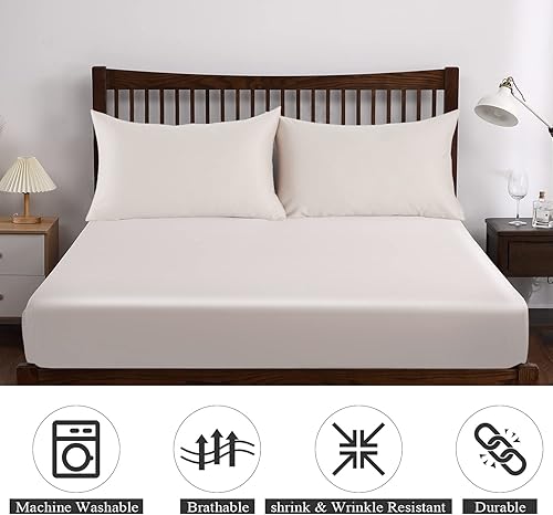 Miniatura 7 de Solo sábana bajera, sábana bajera de 400 hilos, resistente a la decoloración y al encogimiento, tejido satinado suave y sedoso para hogar y hotel