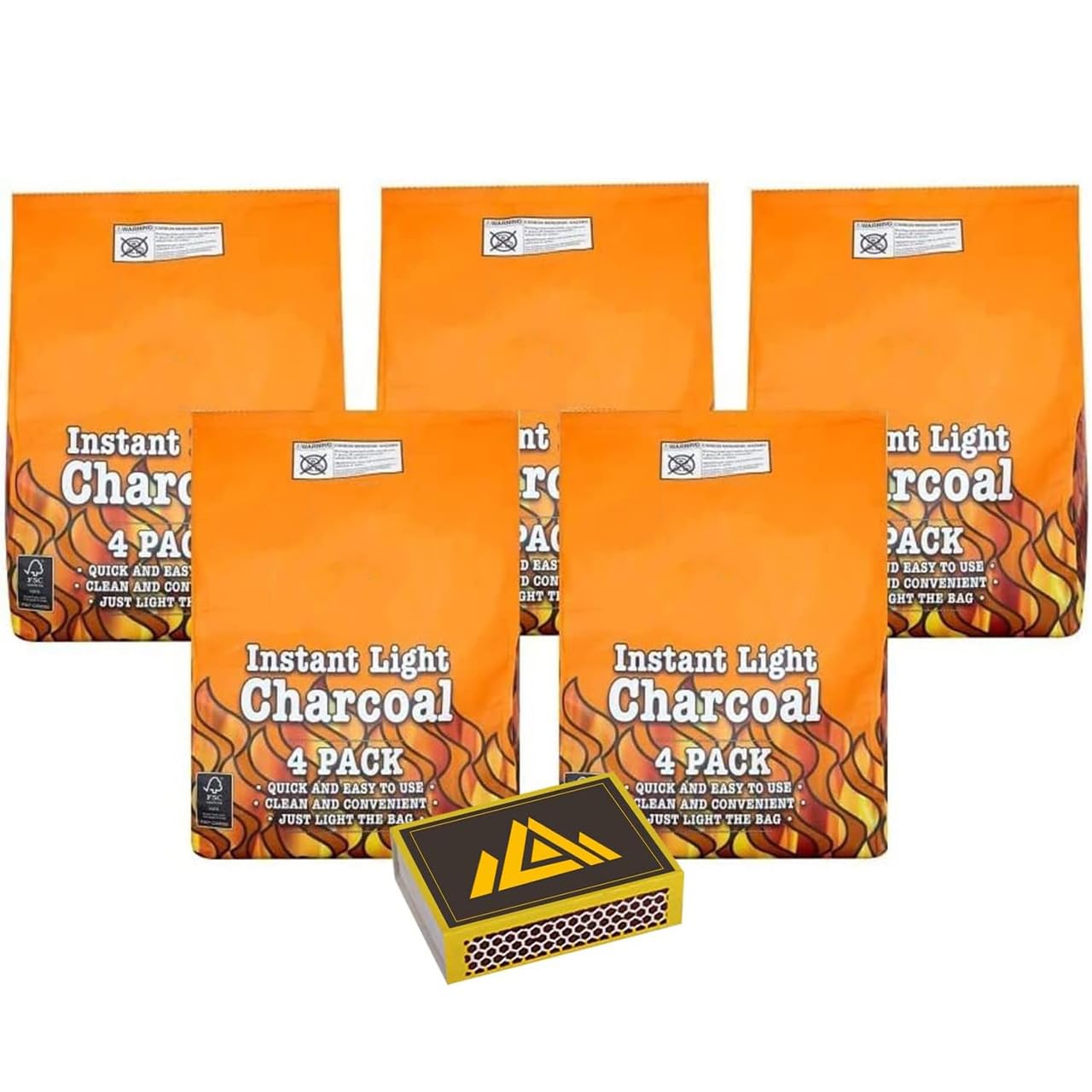 Perfectonish Restaurant Grade Charcoal for BBQ - 4 x1kg Instant Easy to Light Charcoal BBQ Bags for Grilling Portable Lumpwood Coal for Barbecue With Safet Match Box (Pack of 4)