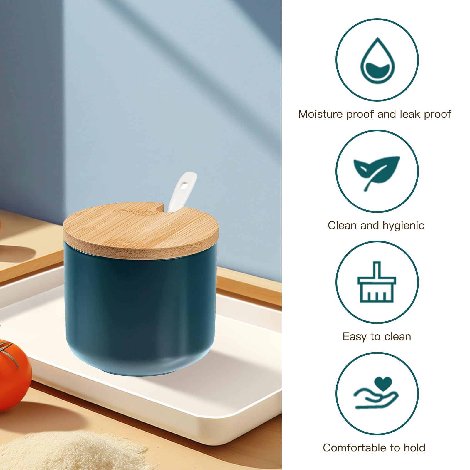 Salière en céramique avec couvercle en bois et cuillère, élégante salière avec couvercle en vert émeraude, récipient à sel moderne pour cuisine et table, pot à sel élégant avec cuillère