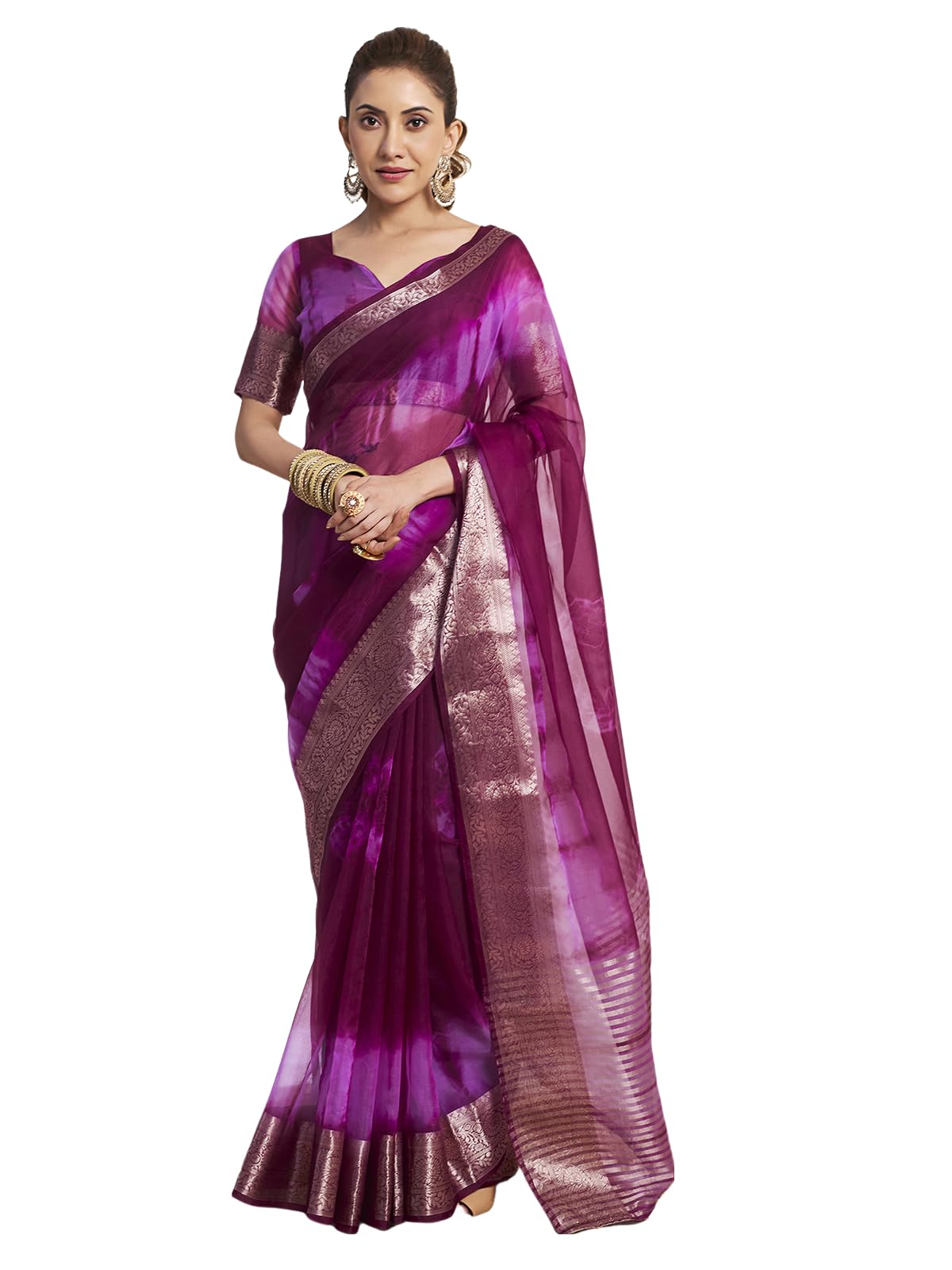 Satrani Women's Organza Printed Jacquard Border Zari Stripe Saree With Unstitched Blouse Piece (3797S443N_Wine & Light Purple)